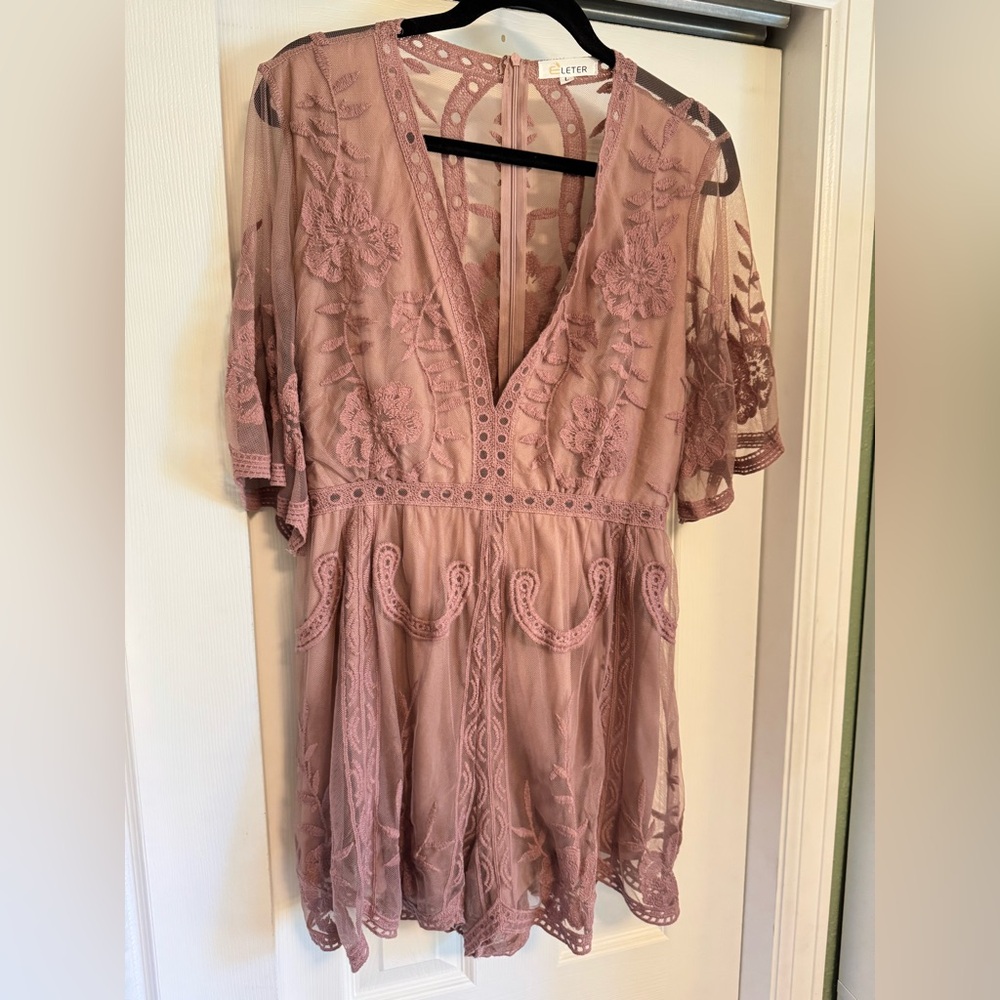 Sheer Dusty Pink Lacy Embroidered Romper | size L